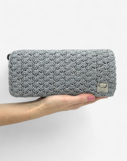Szara torebka szydełkowa z metalizowaną nicią handmade – elegancka torebka ręcznie robiona