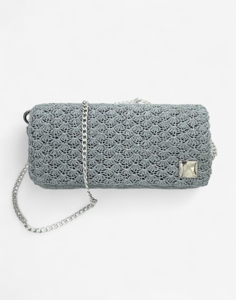 Szara torebka szydełkowa z metalizowaną nicią handmade – elegancka torebka ręcznie robiona