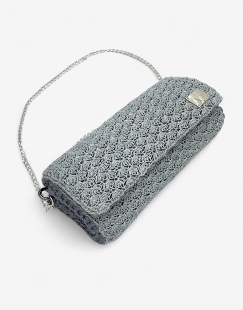Szara torebka szydełkowa z metalizowaną nicią handmade – elegancka torebka ręcznie robiona