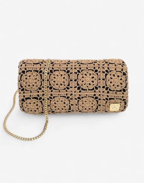 Złota torebka szydełkowa z metalizowaną nicią w granny square handmade – elegancka torebka ręcznie robiona